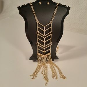 Necklace earring set gold long tassel chevron link